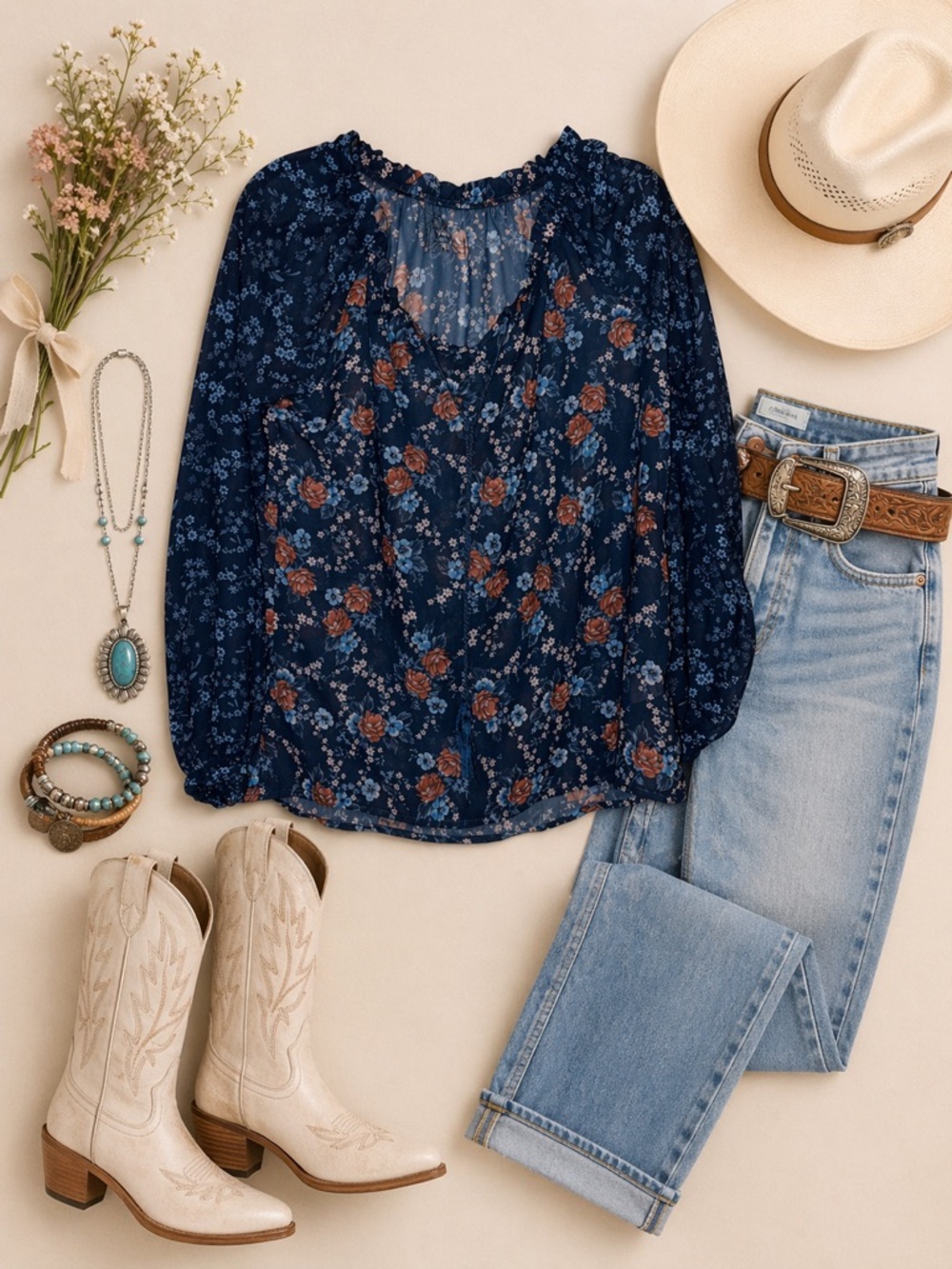 EUC Panhandle Navy Floral Sheer Smocked-Neck Blouse M Western Boho Romantic